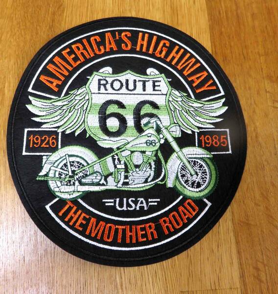  『特大B』黒◆新品American's highway route 66　ルート６６　アメリカ　大型バイク　オートバイ　二輪車　　刺繍ワッペン■洋服・衣類DIY