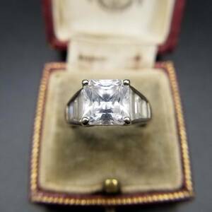 RC clear square Stone 925 Vintage silver ring a-ru deco ring Showa Retro accessory jewelry import YAW④37