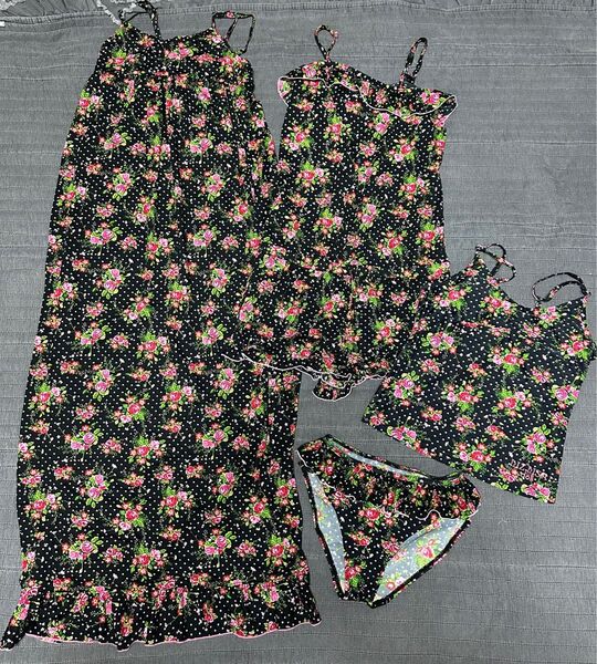 2回着用リズリサセットアップ水着&ロンパース&マキシロングワンピース3点セット160黒花柄【超豪華レア】 親子姉妹お揃い色違い有り
