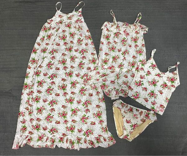 2回着用リズリサセットアップ水着&ロンパース&マキシロングワンピース3点セット140白花柄【超豪華レア】 親子姉妹お揃い色違い有り
