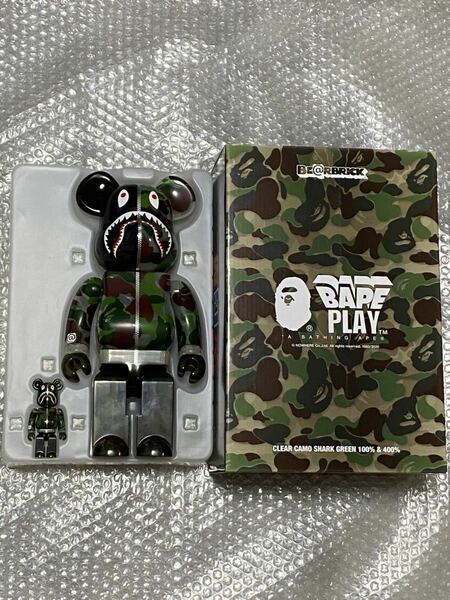 BE@RBRICK BAPE CLEAR ABC CAMO SHARK 100％ & 400% GREEN ベアブリック ベイプ　エイプ　クリア　カモ シャーク グリーン メディコムトイ