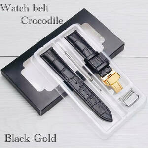  wristwatch belt clock band change belt D buckle leather car f leather crocodile type pushed . Gold wristwatch clock black leather belt 20mm 2