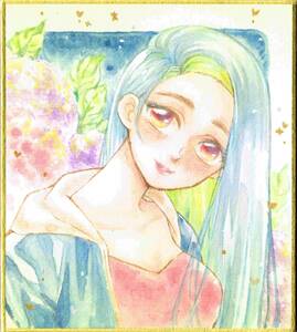 【手描きイラスト】女の子 透明水彩　創作　紫陽花　ロング　アナログ 色紙　
