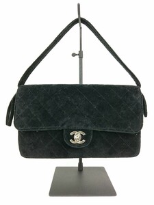 CHANEL◆ハンドバッグ_マトラッセ/ベロア/BLK/シルバー金具/シャネル