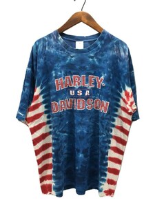 HARLEY DAVIDSON◆ハーレーダヴィッドソン/Tシャツ/ブルー/総柄/タイダイ柄/穴有