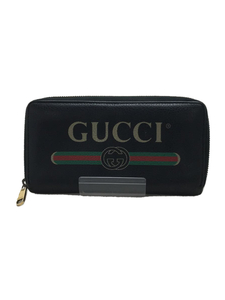 GUCCI◆ロゴ/ラウンドジップ/長財布/レザー/BLK/プリント/メンズ/496317