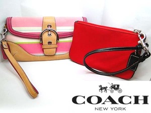 本物 COACH コーチ ポーチ 2点セット リストレットポーチ 赤 ピンクボーダー系 キャンバス×レザー