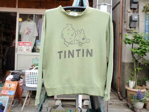 ビンテージ　日本製　アニメ「TINTIN（タンタン）」　緑色のスウェットシャツ　サイズS