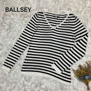 BALLSEY ボールジィ ニット Vネックコットンニット ボーダー 薄手 伸縮性あり ボーダーニット 白 黒