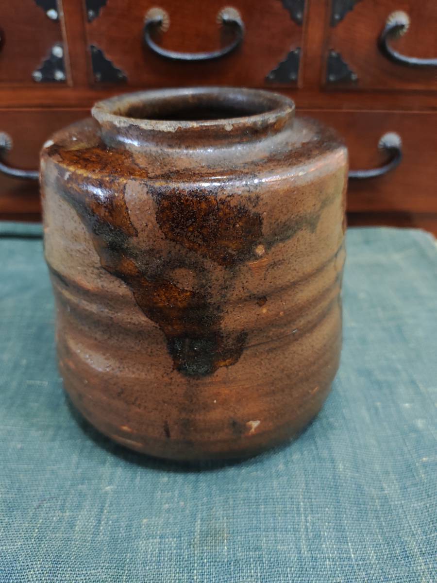 瀬戸焼 美濃焼 古瀬戸 柿釉 双耳花入 小壷 鉄漿壷 時代箱付 V R5187