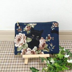 16センチ ファスナーポーチ ネイビー 黒猫とお花 × 紺色 無地 ☆ハンドメイド☆ フラットポーチ