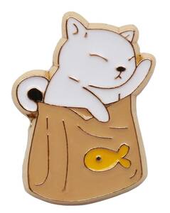 ピンバッジ 猫 in エサ袋 かわいいネコのピンズ 合金製（白）