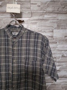 men's E392 SIMPLE LIFE シンプルライフ チェック柄 バンドカラー 半袖 シャツ M ネイビー系