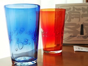 未使用 手作り 大きな 気泡 ガラス グラス 2個 坂東硝子 コップ タンブラー 工芸 さざなみ硝子店 HAND MADE BUBBLE GLASS CUP 送料込み