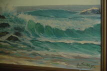 A489　作者不明　サイン　K.SUNG　迫力有る　海岸沿いの荒波風景の　油彩画作品です_画像4