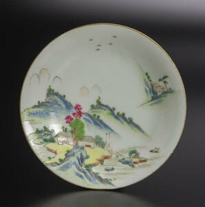 清 粉彩山水紋盤 大清乾隆年制款 中国 古美術