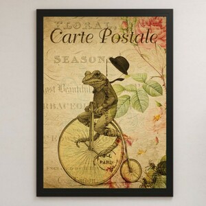 自転車に乗るカエル イラスト アート 光沢 ポスター A3 バー カフェ クラシック レトロ インテリア フランス パリ ポストカード 蛙