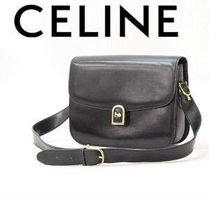 ヴィンテージ●CELINE セリーヌ 馬車金具 レザー ショルダー バッグ 黒 ブラック