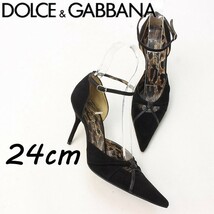 ◆DOLCE&GABBANA ドルチェ＆ガッバーナ スエード ポインテッドトゥ アンクルストラップ ピンヒール パンプス 黒 ブラック 37_画像1