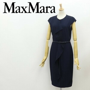 白タグ◆Max Mara マックスマーラ レザーベルト付 キャップスリーブ フリル ワンピース 紺 ネイビー 36