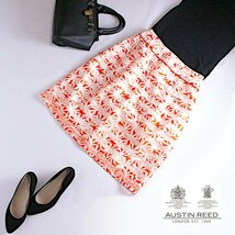 美品 AUSTIN REED オースチンリード ■ 春 夏 高級感 艶 ストライプ柄 フラワー プリント シフォン タイトカート 9号 ホワイト オレンジ_画像1