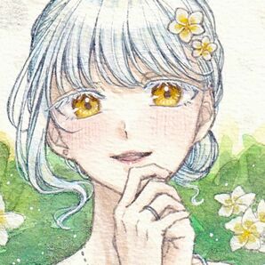 手描きイラスト オリジナル 原画 ATCサイズ 創作 水彩 黄色 花 プルメリア 女の子