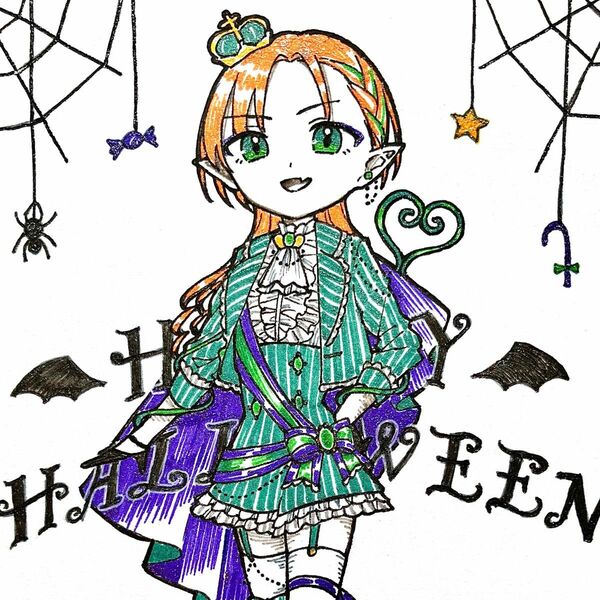 手描きイラスト オリジナル 創作 原画 ポスカサイズ デフォルメ ミニキャラ ハロウィン オレンジ