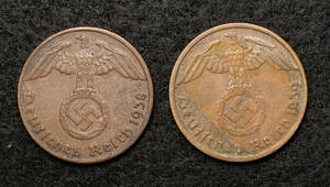 KM#89【ナチス鉤十字】ドイツ第三帝国 1ライヒスペニヒ銅貨（1938.39）2種セット！[E1171]コイン　