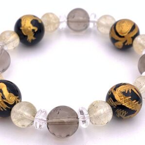 風水四神!天然石金彫りオニキス12mm玉&シトリン&スモーキークォーツのブレスレット