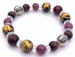  feng shui four god! natural stone gold carving onyx 10mm sphere & red Tiger I & ruby. bracele 