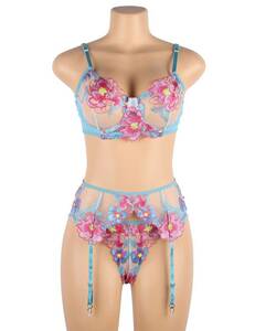 81085 5XL size bra shorts garter belt set embroidery floral print 