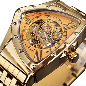 メンズ 腕時計 機械式 スケルトン 三角形 ゴールド × ゴールド ステンレス トライアングル ウォッチ