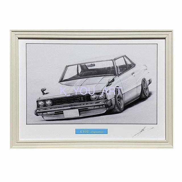 Nissan NISSAN Skyline Japan 2-door early period (round) [Pencil drawing] Famous car Old car illustration A4 size Framed Signed, artwork, painting, pencil drawing, charcoal drawing