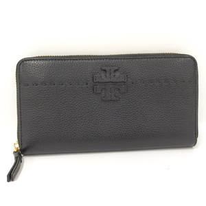 【中古】TORY BURCH ラウンドファスナー 長財布 ゴールド金具 レザー ブラック