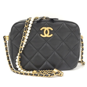 【中古】CHANEL チェーン フェイクパール ショルダーバッグ マトラッセ レザー ブラック AS2856