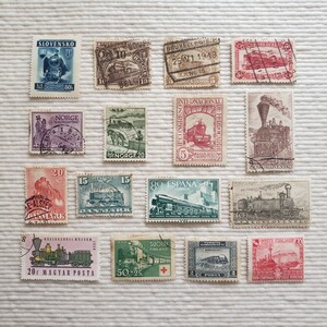  Europe stamp locomotive . car *16 kind old stamp / world. stamp / foreign stamp / Spain / Belgium /noru way / Turkey / Italy / Finland etc. 