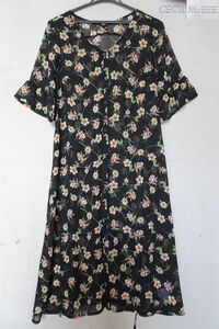 CECIL McBEE/ Cecil McBee / короткий рукав One-piece / Flare длинный длина / шифон серия материалы /.. чувство / цветочный принт / передний кнопка /V шея / чёрный / черный /M размер (4/11R5)