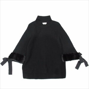 美品 18AW FENDI フェンディ カシミヤ100%×ミンクファー リボン 長袖 ヘムライン プルオーバー リブニットセーター FGY545 42 ブラック