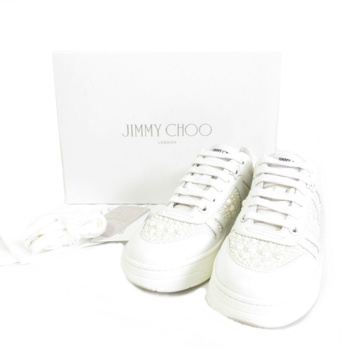 JIMMY CHOO◇ロックカットダイヤモンドストラップスニーカー◇白