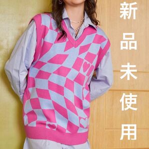 【新品未使用】カラフル ハート チェック ベスト ピンク/ブルー かわいい おしゃれ 個性的