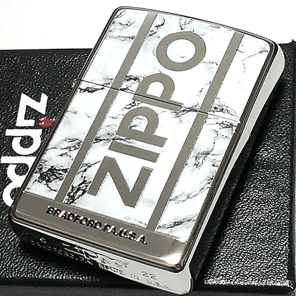高級感のあるシルバー＆ホワイト 大理石 Logo Marble ZIPPO 永久保証付き クラシック調 ライター 両面加工 金タンク ギフト プレゼント