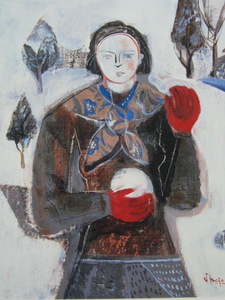 島田章三、【雪の日に赤い手袋】、新品高級額 額装付、希少画集画、状態良好、送料無料 人物画