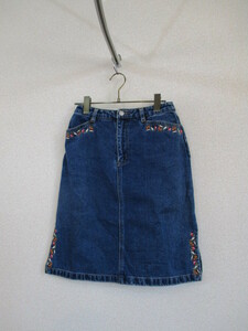 ine navy blue embroidery entering Denim knees height tight skirt (USED)32418