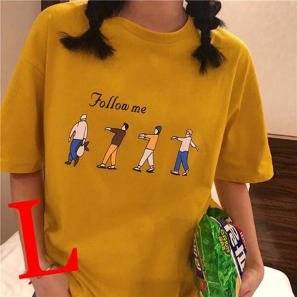 ビッグシルエット プリント Tシャツ シャツ 半袖 オーバーサイズ カットソー メンズ レディース 丸首 デザイン 人気 黄色 イエロー L