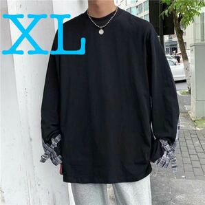 ロングTシャツ チェック トップス ロンT ビッグシルエット Tシャツ メンズ レディース 長袖 原宿系 韓国系 黒 ブラック XL