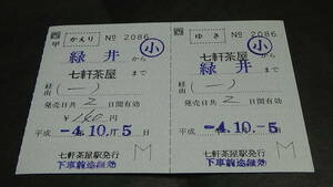 JR西日本　軟券補充往復乗車券【可部線】七軒茶屋から緑井まで　小4-10.5