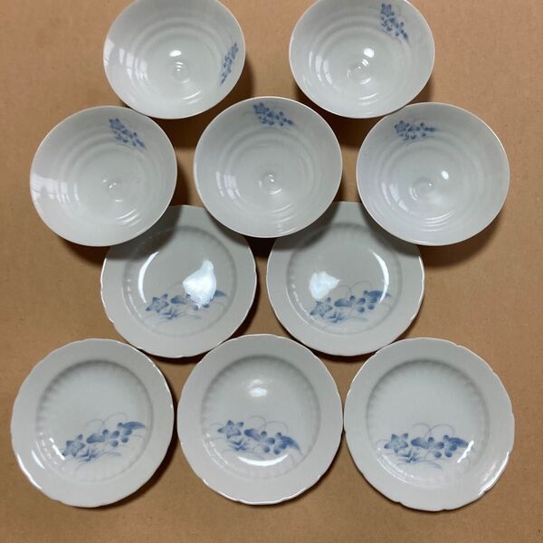 茶漬揃 茶碗 小皿 有田焼 柳山作 桔梗 青色 五客組