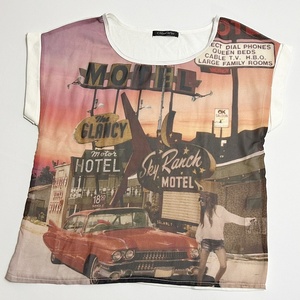  free shipping!80'S City pop manner print T-shirt see-through backhoe wide M size 