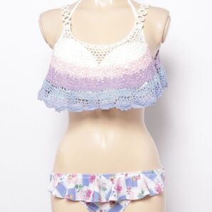 新品未使用 三愛水着楽園 Nuckle Market グラデーションクロッシェ × 花柄 3点セット 水着 ブルー 体型カバー