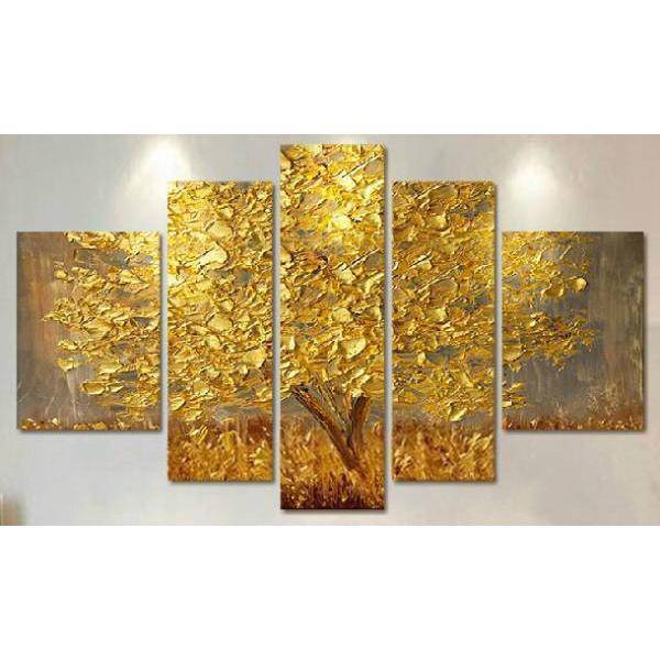 Panel de arte Golden Tree 30x50cm x 2 y más, Conjunto de 5 piezas, interiores pintados a mano, cuadro, pintura al óleo, pintura abstracta